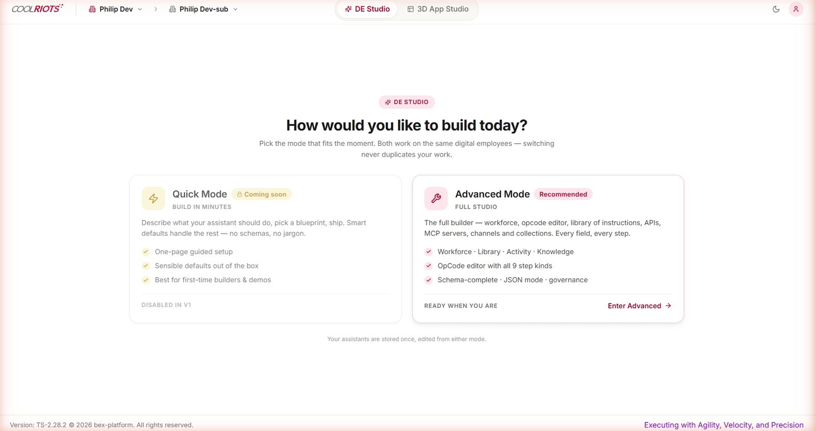 DE Studio — choosing a build mode